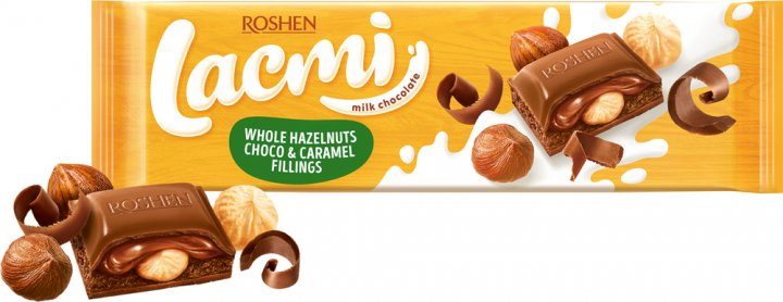 Акція на Шоколад молочный Roshen Lacmi с целыми лесными орехами и шоколадно-карамельной начинкой, 295 г від Auchan